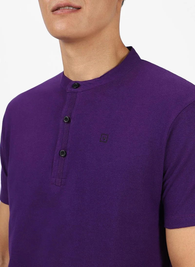 Urbano Fashion  Urbano Fashion Men's Purple Solid Mandarin Collar Slim Fit Cotton T-Shirt for Men | Best Price UAE