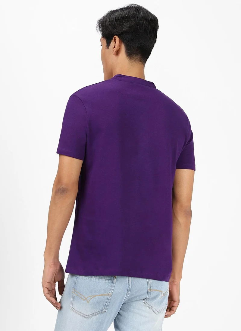 Urbano Fashion  Urbano Fashion Men's Purple Solid Mandarin Collar Slim Fit Cotton T-Shirt for Men | Best Price UAE