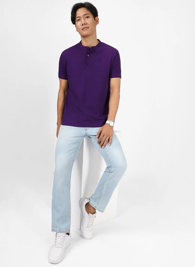 Urbano Fashion  Urbano Fashion Men's Purple Solid Mandarin Collar Slim Fit Cotton T-Shirt for Men | Best Price UAE