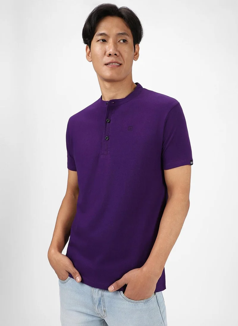 Urbano Fashion Men's Purple Solid Mandarin Collar Slim Fit Cotton T-Shirt