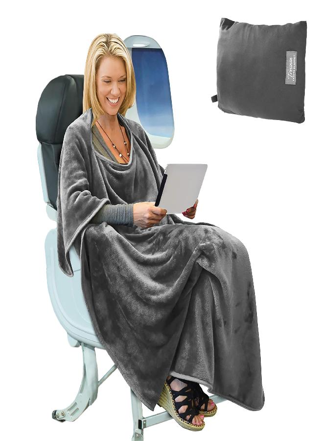 Tirrinia Tirrinia Travel Blanket Airplane Office Poncho 4 in 1 Premium Cozy Fleece Portable Poncho Blankets with Built-in Bag, Pocket - Image 1
