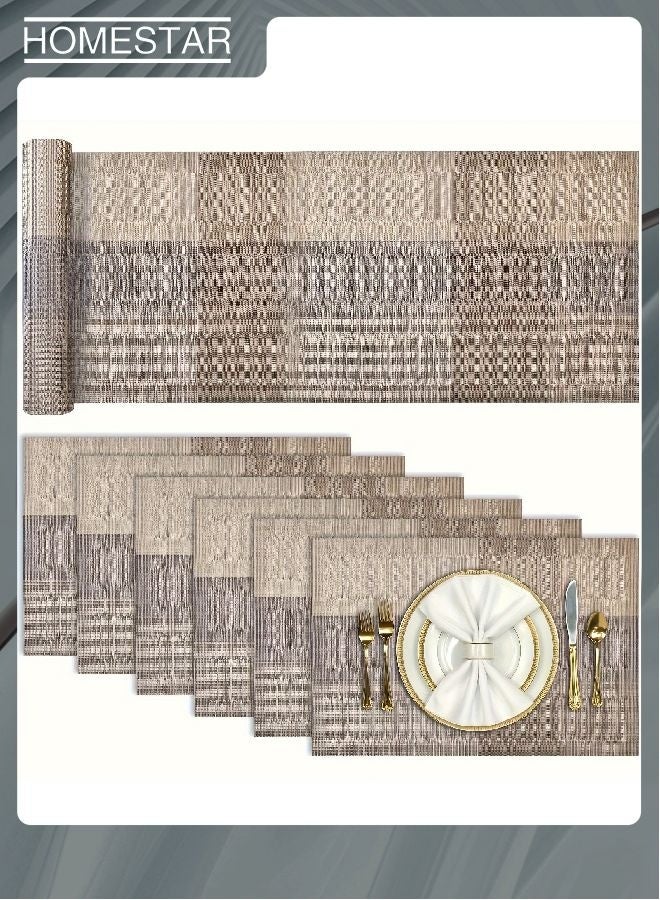 هومستر Placemats مجموعة من 6 مقاومة للحرارة المنسوجة الفينيل غسل البلاستيك مكان حصاري 30 * 45 + 1 قطعة 30 * 180، غير انزلاق بقعة مقاومة في الهواء الطلق / الداخلي طاولة حصاري لتناول الطعام البني - Image 1