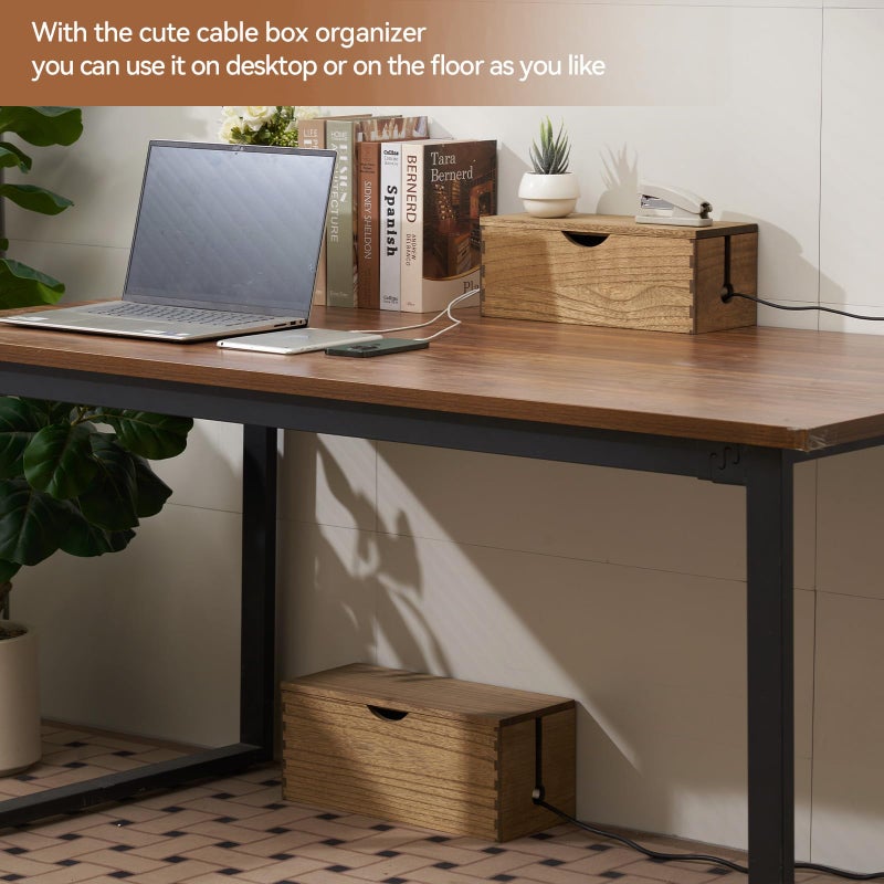 KIRIGEN Cord Management Box Wooden Cable Organizer Hide Power Strips Electrical Plugs Desk Wires Station Protector Set of 2 Dark Brown - Image 2