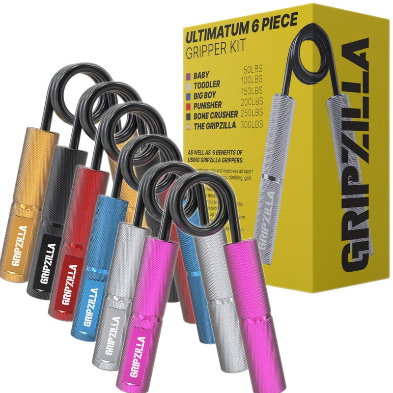 GRIPZILLA Grip Strength Trainer Hand Gripper Strengthener Workout KitMetal No Slip Heavy Duty Hand Strengthening Device Forearm Exerciser and Wrist Strengthener 6Pack50300lbPinkSilverBlueRedYellowBlack 50300lb