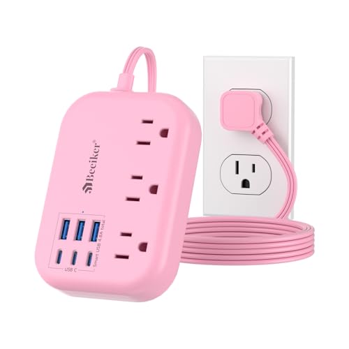 Beeiker 6 USB(3 USB C) Pink Power Strip- 5Ft Pink Extension Cord with 6 USB Charging Station 24W/4.8A and 3 Outlets, Pink Desk Accessories for Cruise Travel Pink Cute Kawaii College Dorm Desk Home Essentials - Image 1