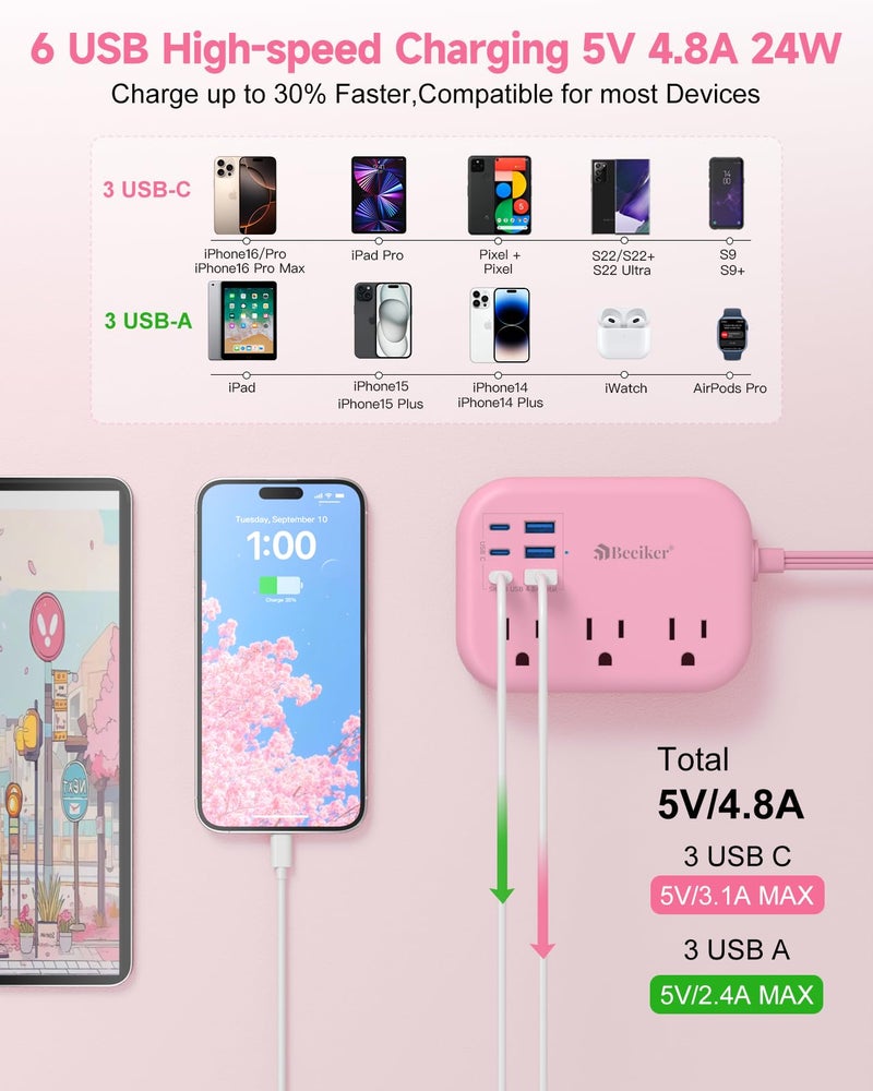 Beeiker 6 USB(3 USB C) Pink Power Strip- 5Ft Pink Extension Cord with 6 USB Charging Station 24W/4.8A and 3 Outlets, Pink Desk Accessories for Cruise Travel Pink Cute Kawaii College Dorm Desk Home Essentials - Image 2