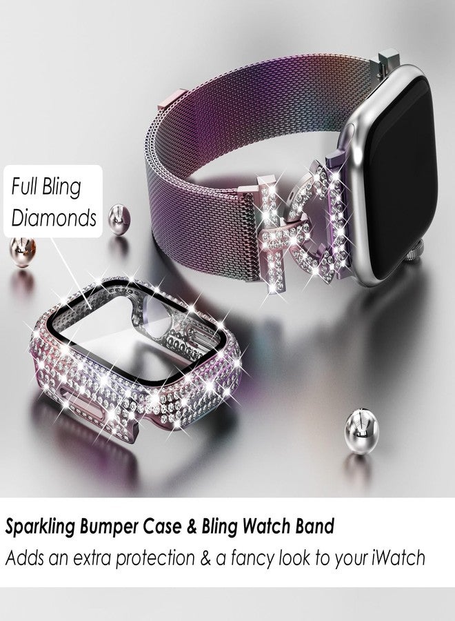 WINGLE Milanese Loop for Apple Watch Bands Series 11 10 42mm Women Slim Magnetic Metal Mesh Band with Bling Glitter Case Screen Protector Dressy Apple Watch Band iWatch Strap for Woman, Iridescent - Image 4