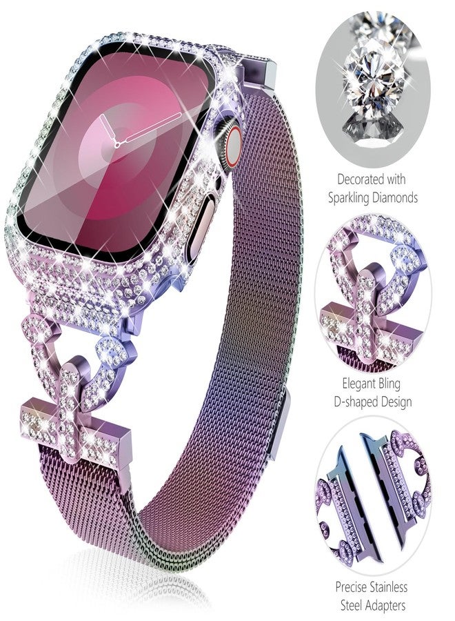 WINGLE Milanese Loop for Apple Watch Bands Series 11 10 42mm Women Slim Magnetic Metal Mesh Band with Bling Glitter Case Screen Protector Dressy Apple Watch Band iWatch Strap for Woman, Iridescent - Image 2