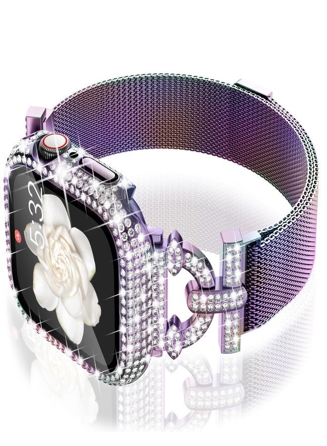 WINGLE Milanese Loop for Apple Watch Bands Series 11 10 42mm Women Slim Magnetic Metal Mesh Band with Bling Glitter Case Screen Protector Dressy Apple Watch Band iWatch Strap for Woman, Iridescent - Image 1