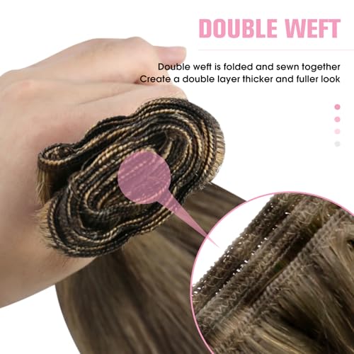 YoungSee 100G 14inch Weft Hair Extensions Dark Brown Highlight with Caramel Blonde Sew in Hair Extensions Real Human Hair for Short Look - Image 4