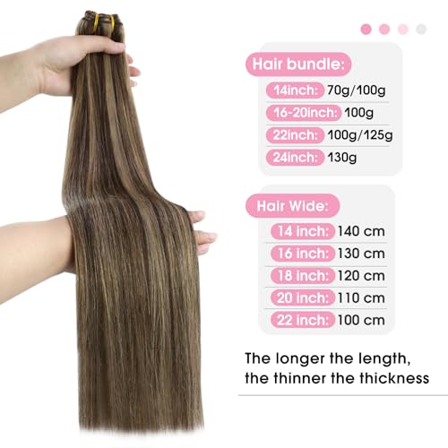 YoungSee 100G 14inch Weft Hair Extensions Dark Brown Highlight with Caramel Blonde Sew in Hair Extensions Real Human Hair for Short Look - Image 2