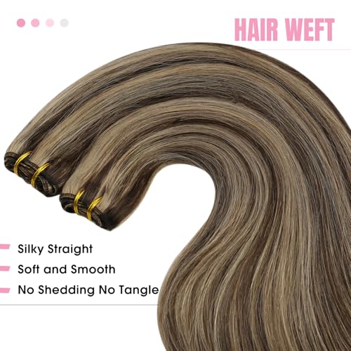 YoungSee 100G 14inch Weft Hair Extensions Dark Brown Highlight with Caramel Blonde Sew in Hair Extensions Real Human Hair for Short Look - Image 3