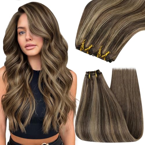 YoungSee 100G 14inch Weft Hair Extensions Dark Brown Highlight with Caramel Blonde Sew in Hair Extensions Real Human Hair for Short Look - Image 1