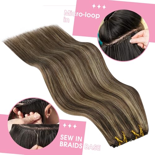 YoungSee 100G 14inch Weft Hair Extensions Dark Brown Highlight with Caramel Blonde Sew in Hair Extensions Real Human Hair for Short Look - Image 5