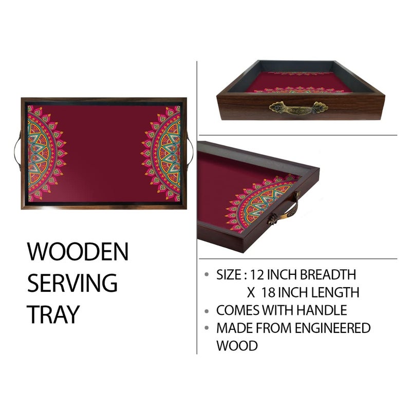 PAPER PLANE DESIGN Wooden Serving Tray for Serving, Table Decoration (12 X 18 Inch, Large, Brown, Mandala Square - Image 4