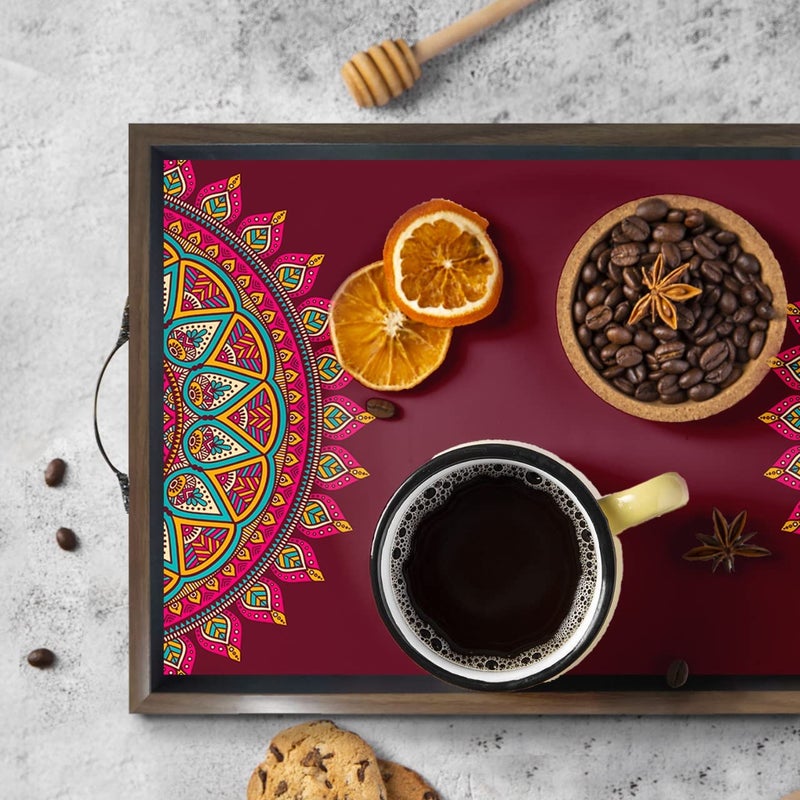 PAPER PLANE DESIGN Wooden Serving Tray for Serving, Table Decoration (12 X 18 Inch, Large, Brown, Mandala Square - Image 2