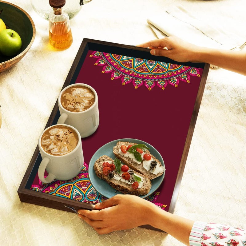 PAPER PLANE DESIGN Wooden Serving Tray for Serving, Table Decoration (12 X 18 Inch, Large, Brown, Mandala Square - Image 1