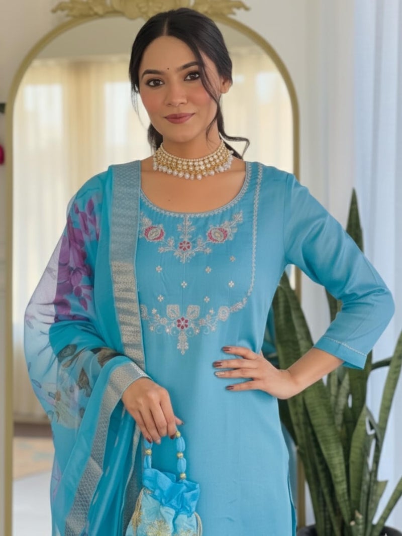 Naixa Women's Firoji Viscose Embroidered Straight Kurta with Viscose Pant and Jacquard Printed Dupatta Sets (NX-665-Firoji-XL) - Image 5