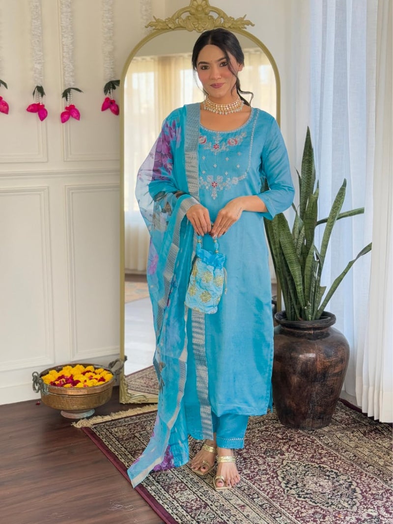 Naixa Women's Firoji Viscose Embroidered Straight Kurta with Viscose Pant and Jacquard Printed Dupatta Sets (NX-665-Firoji-XL) - Image 2