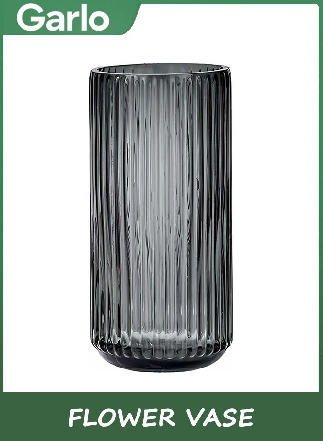 Garlo Flower Vase 20cm Grye Thickened Hand Blow Glass Vase Round Vintage Striped Bottles for Bookshelf,Dinner Table,Indoor Office Desktop,Meeting Room,Bathroom,Countertop,Home (grey) - Image 1