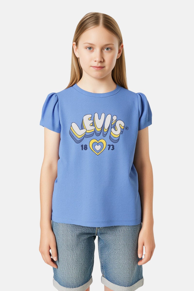 Levi's Kids Girl 2 Pieces Graphic Print Short Sleeve Top and Scrunchie Set, Blue - Image 1