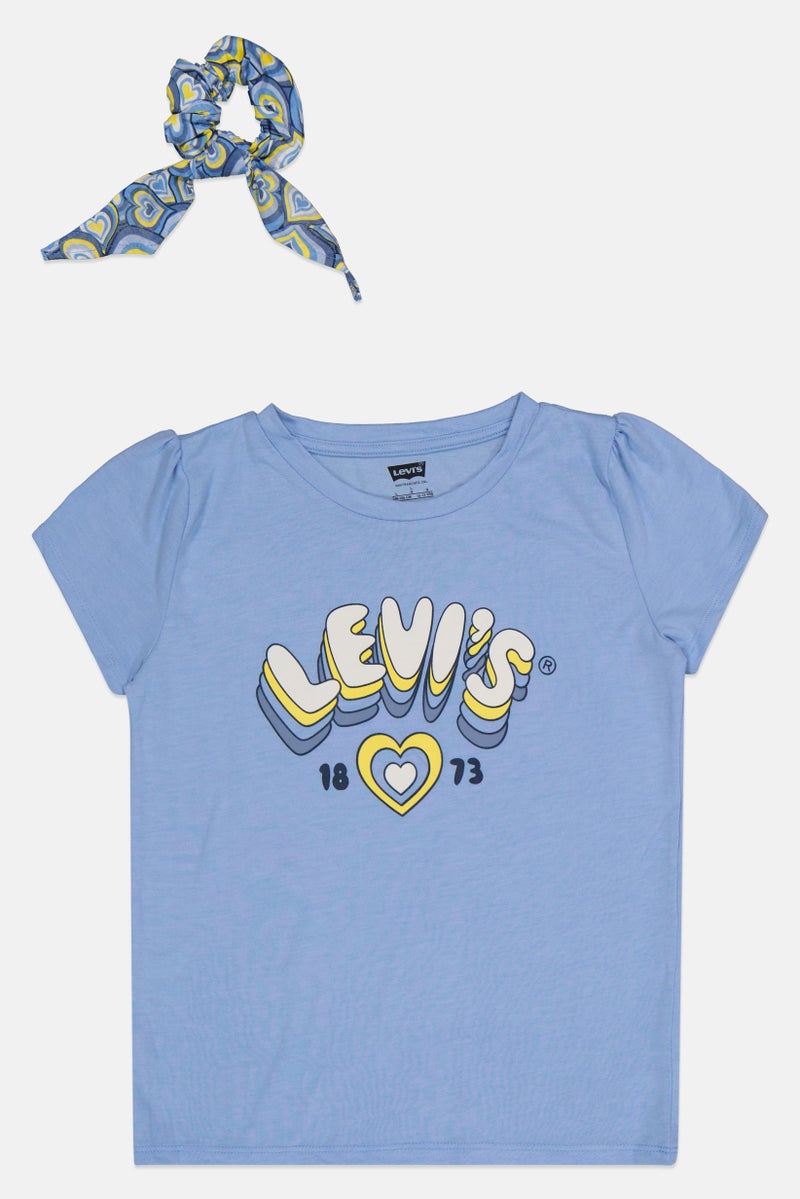 Levi's Kids Girl 2 Pieces Graphic Print Short Sleeve Top and Scrunchie Set, Blue - Image 2