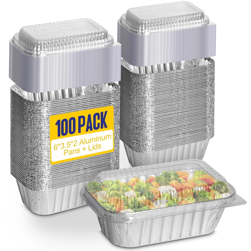 Alfolic Small Foil Pans wth Lids 100 Pack 1 lb Disposable Aluminum Loaf Pans 6x35x2 Inch Tin Foil Pans Cookware for Baking Cakes Bread Meatloaf Mini - Image 2