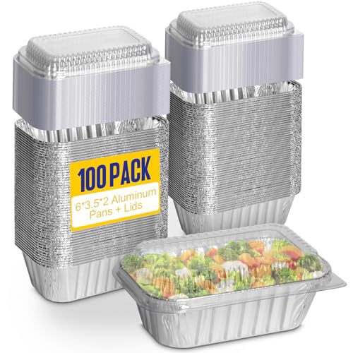 Alfolic Small Foil Pans wth Lids 100 Pack 1 lb Disposable Aluminum Loaf Pans 6x35x2 Inch Tin Foil Pans Cookware for Baking Cakes Bread Meatloaf Mini - Image 1