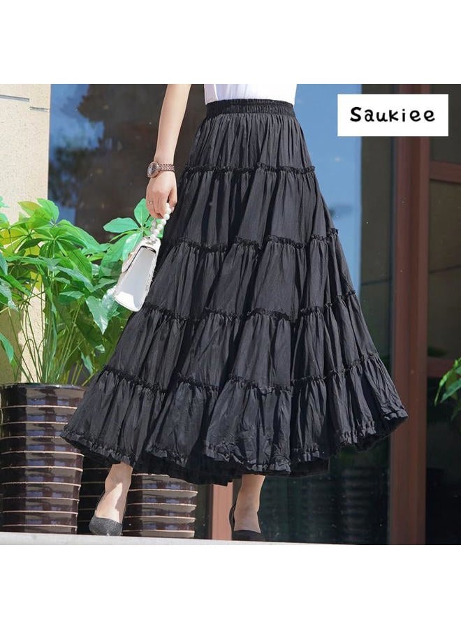 Saukiee Women's Bohemian Elastic Waist Long Skirt Cotton Circle Ruffle Broomstick Peasant Maxi Tiered Skirts, Black(suitable Xs to L), One size - Image 3