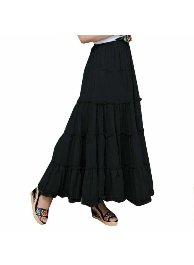 Saukiee Women's Bohemian Elastic Waist Long Skirt Cotton Circle Ruffle Broomstick Peasant Maxi Tiered Skirts, Black(suitable Xs to L), One size - Image 4