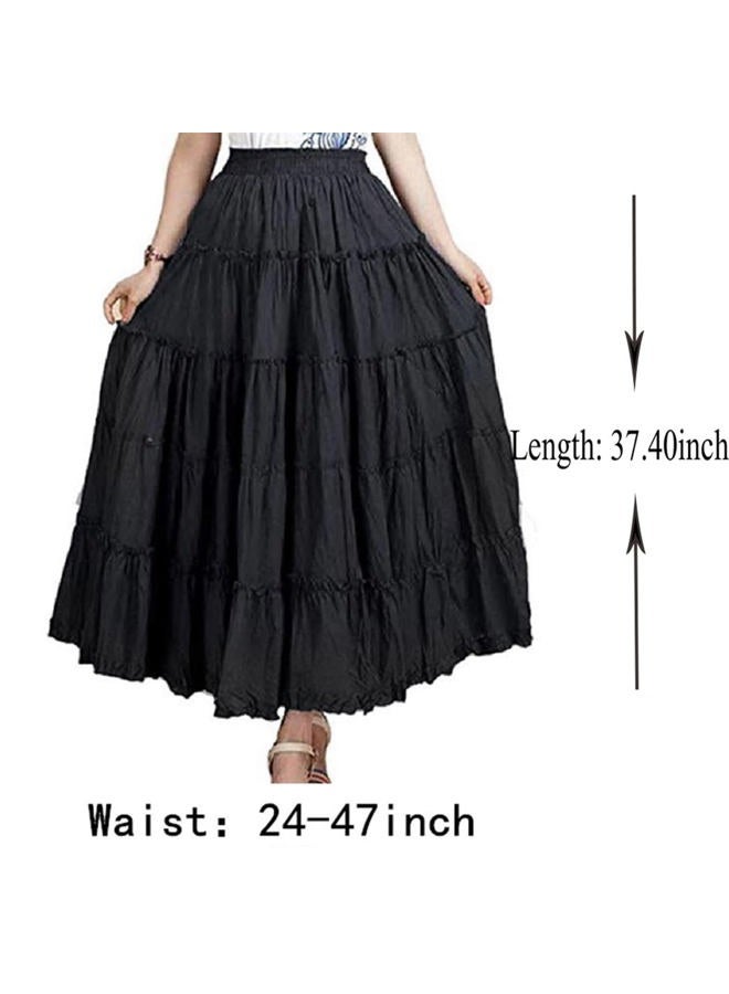 Saukiee Women's Bohemian Elastic Waist Long Skirt Cotton Circle Ruffle Broomstick Peasant Maxi Tiered Skirts, Black(suitable Xs to L), One size - Image 2