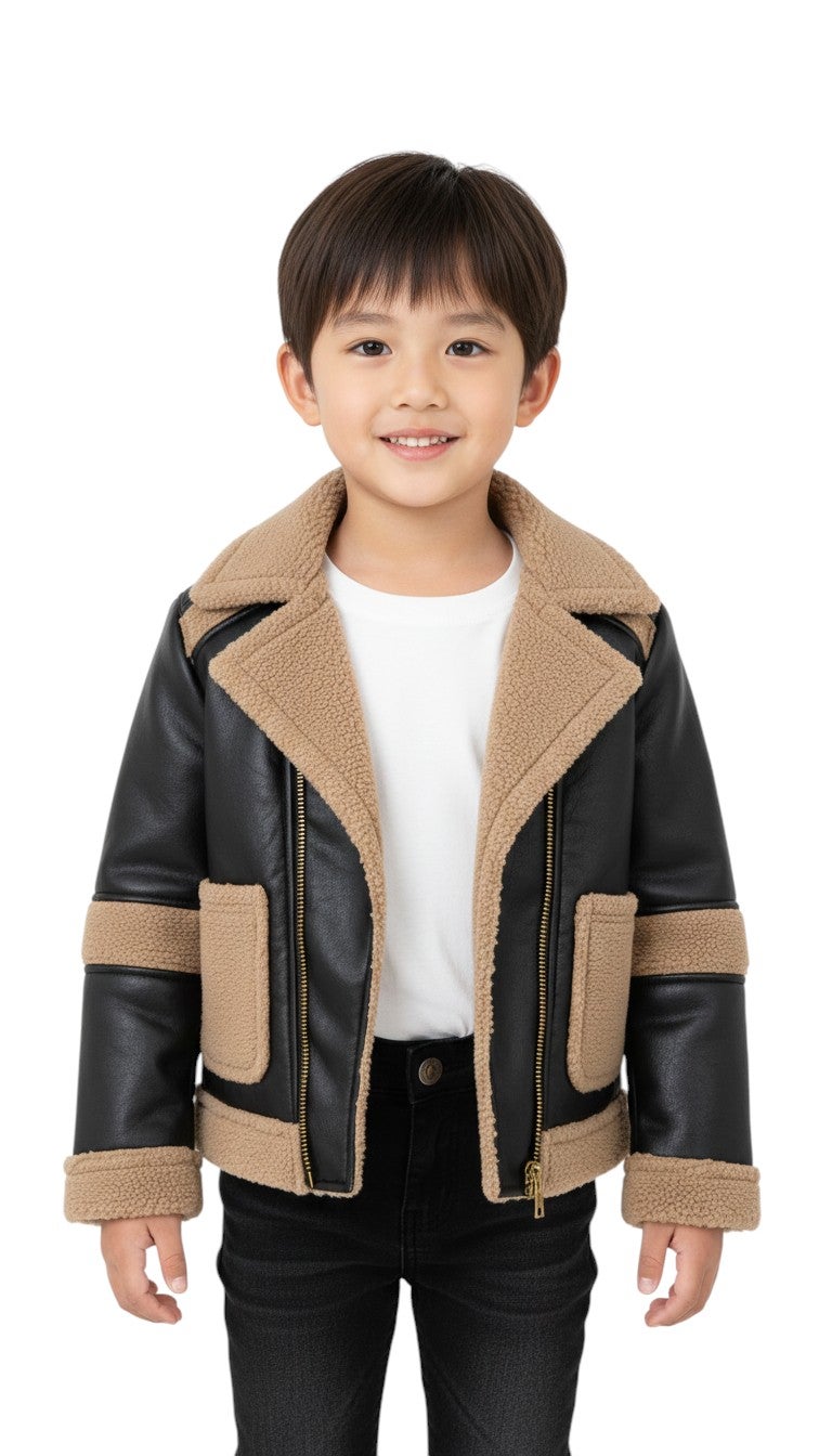 Bongo Kids Wear Plain Casual Leather Jacket for Boys - Black Beige - Image 1
