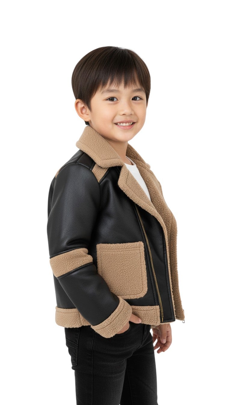 Bongo Kids Wear Plain Casual Leather Jacket for Boys - Black Beige - Image 2
