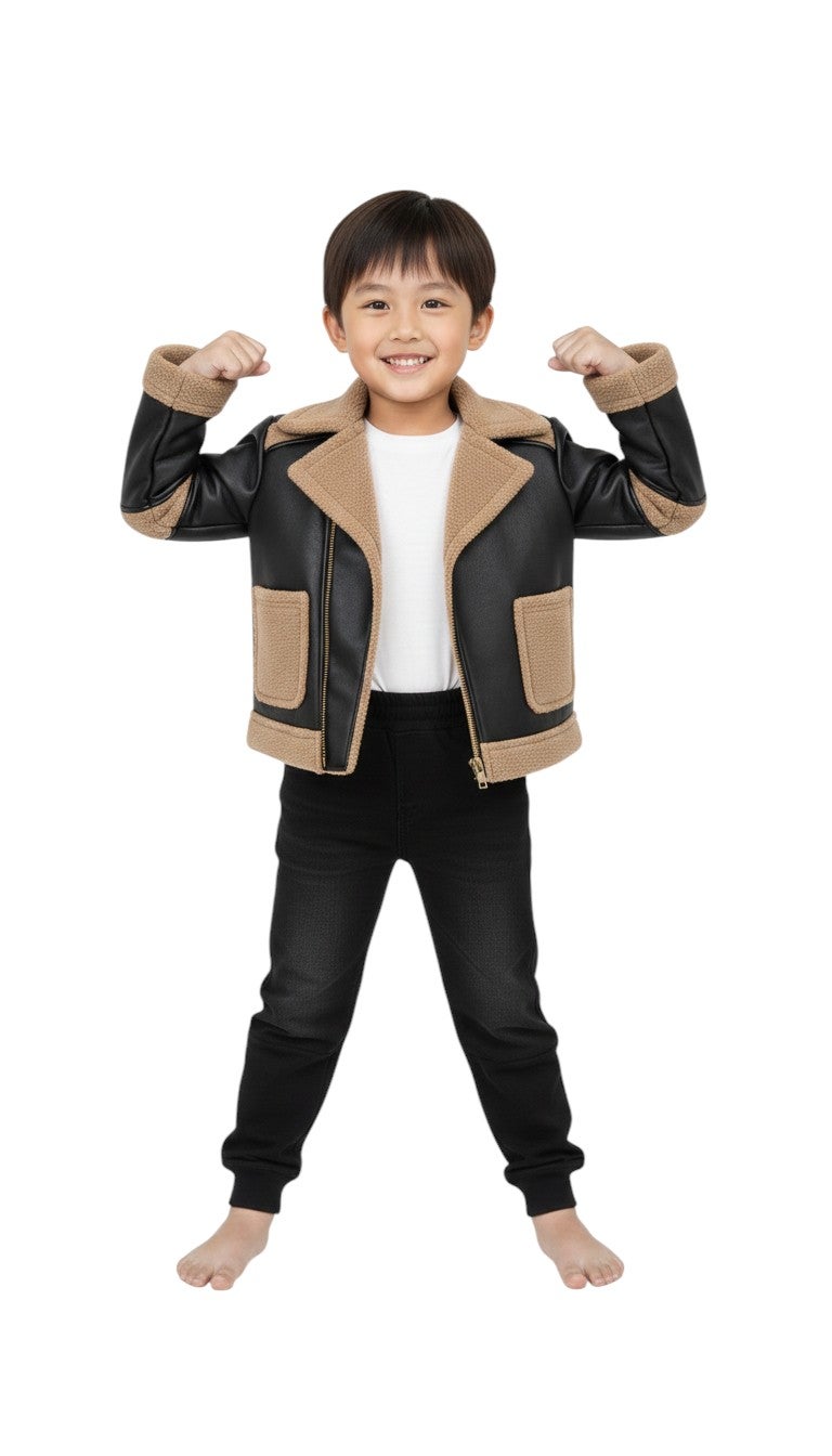 Bongo Kids Wear Plain Casual Leather Jacket for Boys - Black Beige - Image 3