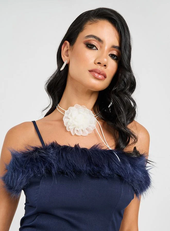 Styli Faux Feather Detail Shift Midi Dress