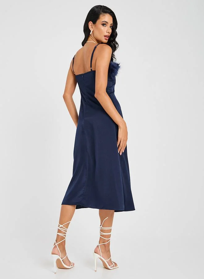Styli Faux Feather Detail Shift Midi Dress