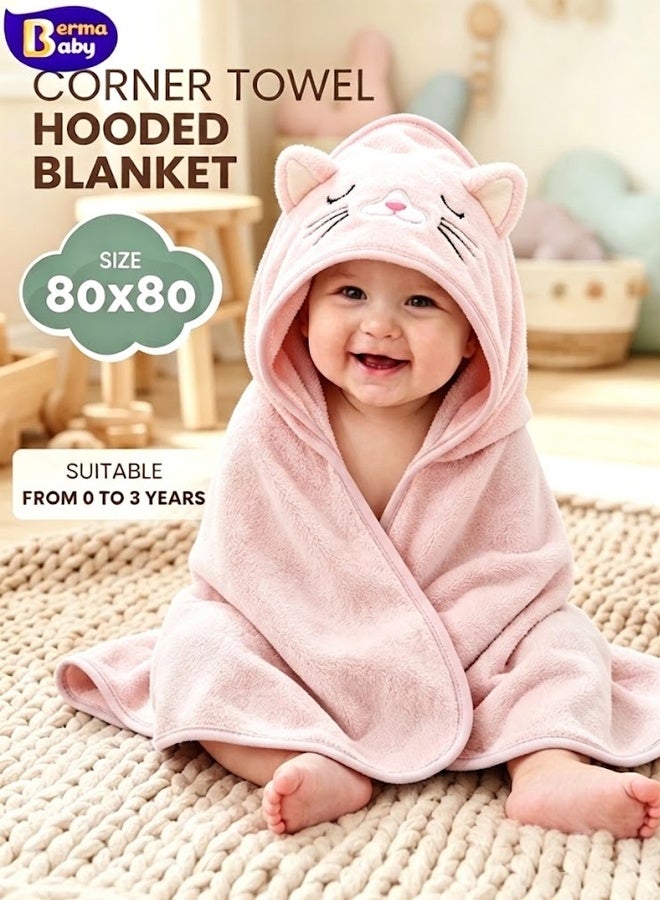 Berma Baby Baby Hooded Towel, 80×80 cm Large Size Baby Bath Towel, Unique Animal Design Cotton Baby Bath Towel, Ultra Soft Absorbent and Non-Balling, for Baby Boy and Girl (Pink) - Image 1