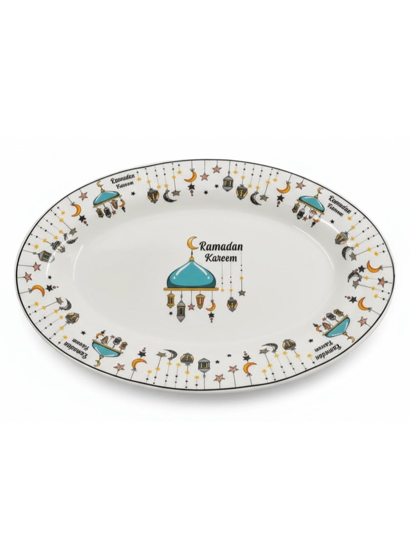 أي كي دي سي طبق تقديم بيضاوي أبيض من السيراميك من مجموعة رمضان من AKDC - أدوات مائدة أنيقة للمناسبات، 30 × 20 سم - Image 1