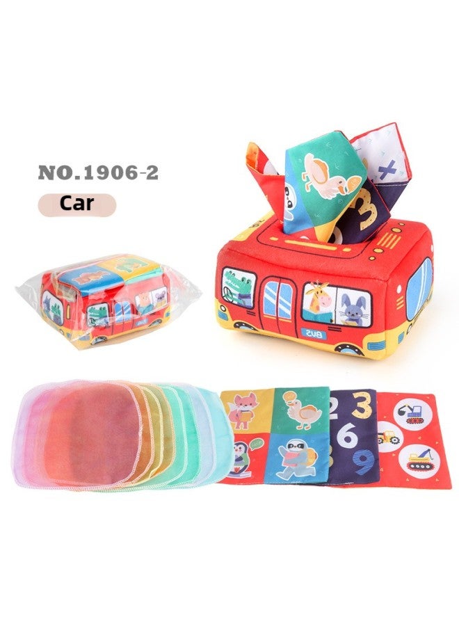 Hot Sale Baby Tissue Box With Pompom Puzzle Baby Cloth Book With Ringing Paper Hand Tear Baby Toys-Color:NO.1906-2 Car Type 78.6g(3 Pieces Of Ringing Paper Square Scarf +8 Silk Scarves)  - Image 1