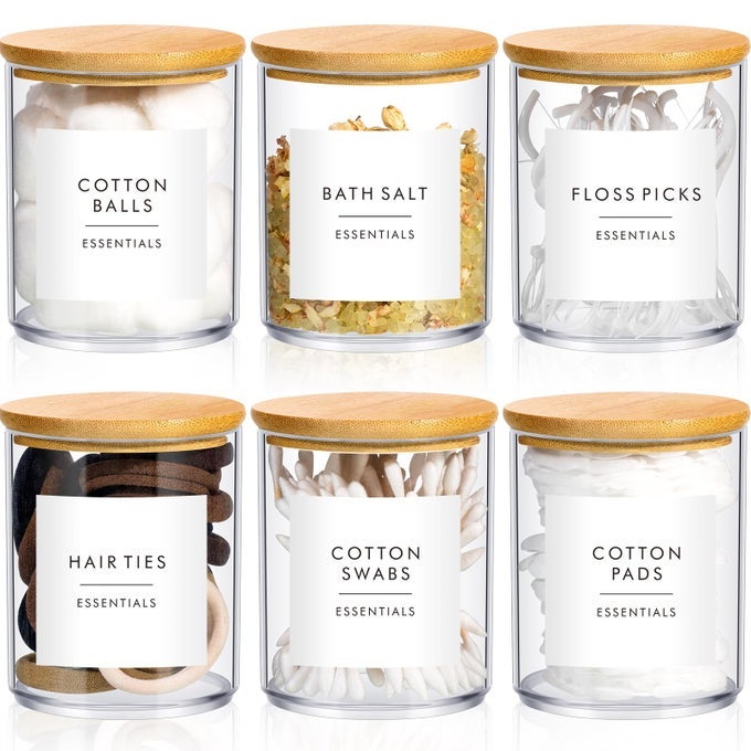 6 COTTON PAD HOLDER BATHROOM CONTAINER 10 OZ COTTON BALL SWABS DISPENSER CLEAR PLASTIC APOTHECARY JAR ORGANIZER WITH BAMBOO LIDS FOR STORAGE FLOSS PICK MAKEUPWOOD COLOR