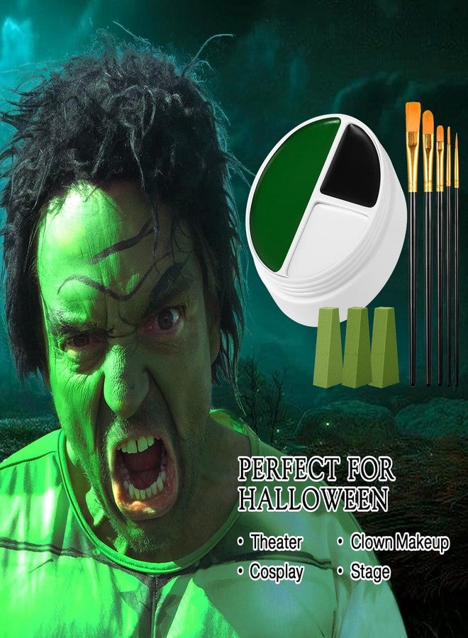 La Catrina Black White Green Face Body Paint, Christmas Wicked Makeup Kit (3 Sponges + 5 Brushes), 9 Pcs Oil Based Non Toxic Green Face Painting Witch Kit for Halloween SFX, Hunting Hulk, Zombie, Costume,Cosplay - Image 3