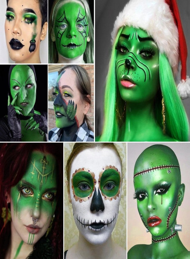 La Catrina Black White Green Face Body Paint, Christmas Wicked Makeup Kit (3 Sponges + 5 Brushes), 9 Pcs Oil Based Non Toxic Green Face Painting Witch Kit for Halloween SFX, Hunting Hulk, Zombie, Costume,Cosplay - Image 5