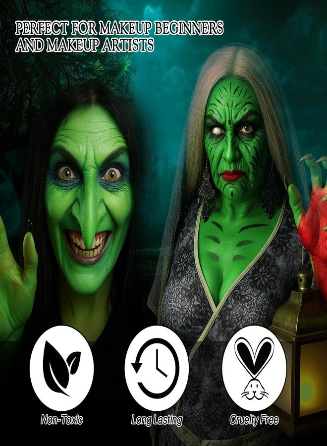 La Catrina Black White Green Face Body Paint, Christmas Wicked Makeup Kit (3 Sponges + 5 Brushes), 9 Pcs Oil Based Non Toxic Green Face Painting Witch Kit for Halloween SFX, Hunting Hulk, Zombie, Costume,Cosplay - Image 2