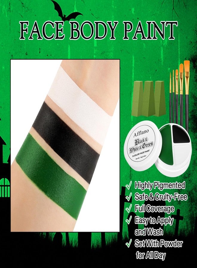 La Catrina Black White Green Face Body Paint, Christmas Wicked Makeup Kit (3 Sponges + 5 Brushes), 9 Pcs Oil Based Non Toxic Green Face Painting Witch Kit for Halloween SFX, Hunting Hulk, Zombie, Costume,Cosplay - Image 4