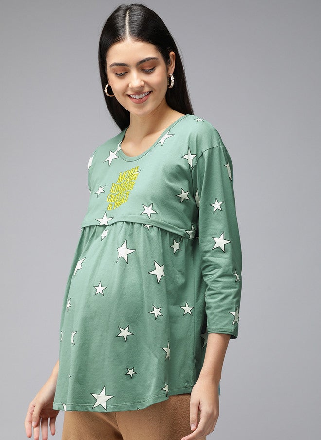 Zeyo Green Printed Cotton Maternity Top - Image 1