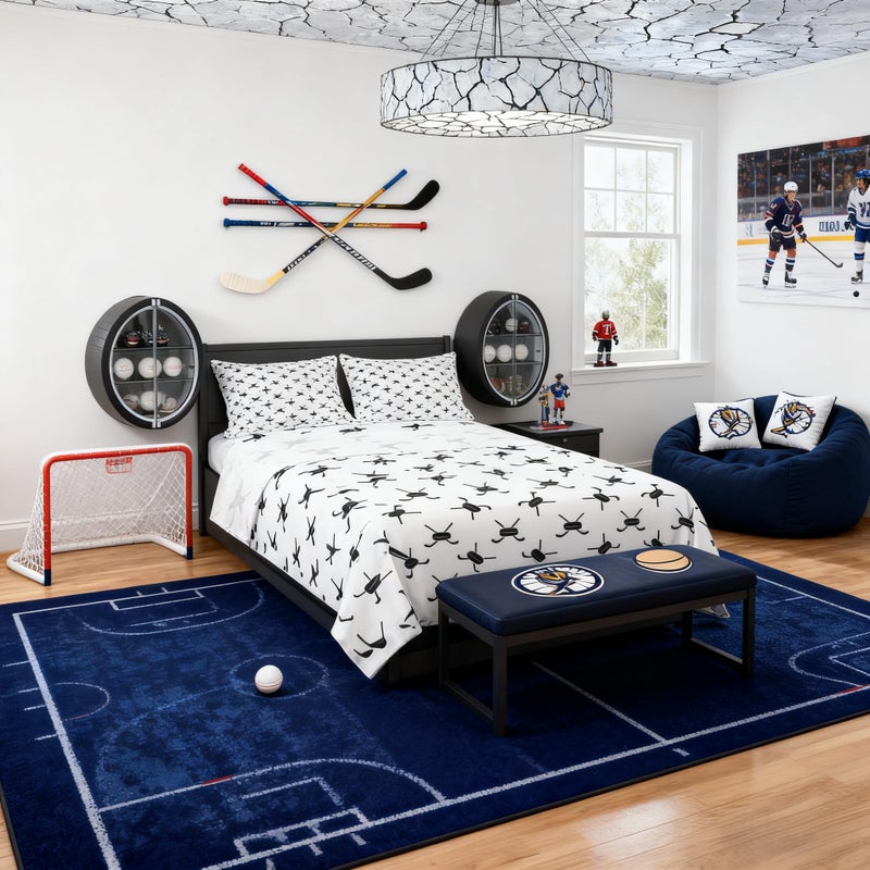 Man Fei Ice Hockey Kids Sheet Full Size,Winter Ball Sports Games Competition Bedding Set,Girls Boys Adults Room Decor,Simple Modern Fashion Black White Bed Sheet Set 4pcs(Fitted + Flat + 2 Pillowcases) - Image 1