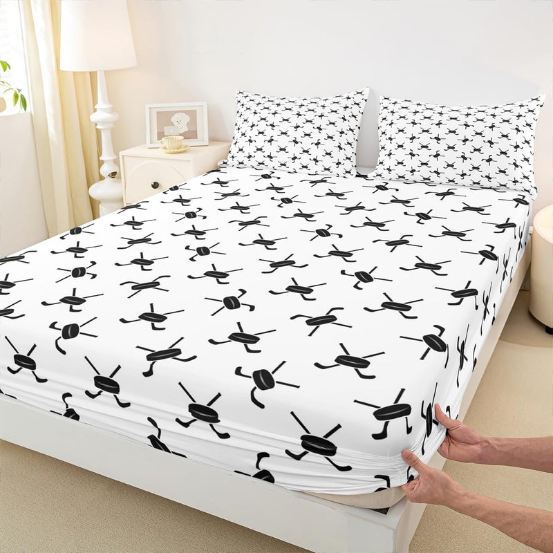 Man Fei Ice Hockey Kids Sheet Full Size,Winter Ball Sports Games Competition Bedding Set,Girls Boys Adults Room Decor,Simple Modern Fashion Black White Bed Sheet Set 4pcs(Fitted + Flat + 2 Pillowcases) - Image 5