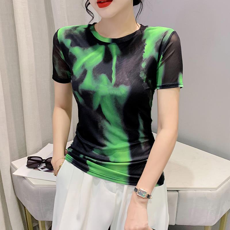European-Style Gradient Mesh T-Shirt For Women 2025 Summer Design Round Neck Slim Short-Sleeve Top - Image 1