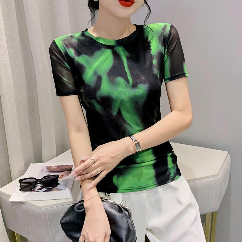 European-Style Gradient Mesh T-Shirt For Women 2025 Summer Design Round Neck Slim Short-Sleeve Top - Image 4