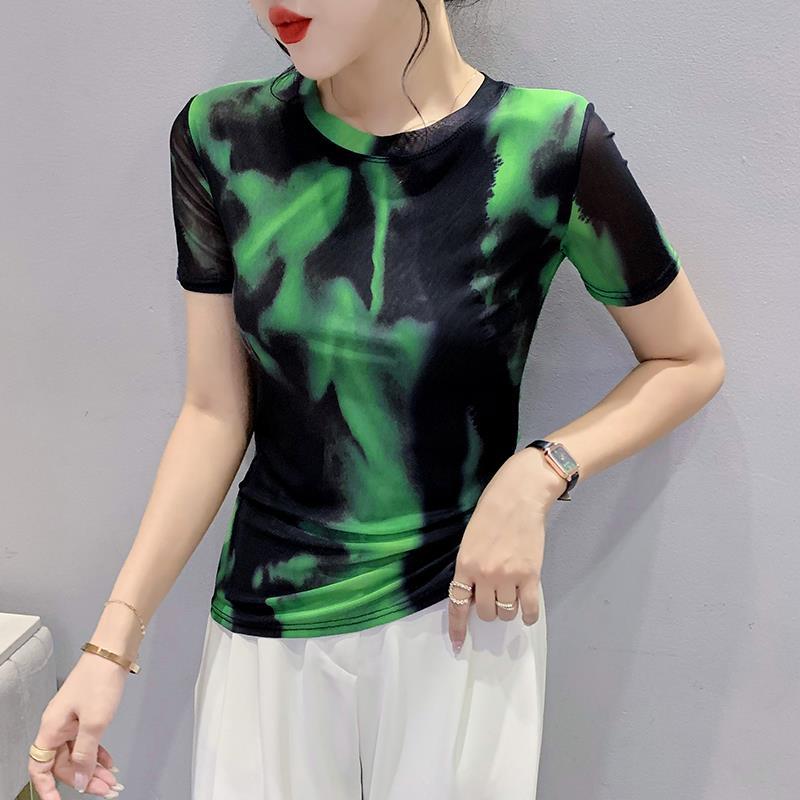 European-Style Gradient Mesh T-Shirt For Women 2025 Summer Design Round Neck Slim Short-Sleeve Top - Image 5